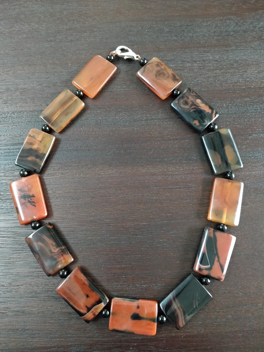 Rectangular Banded Agate Necklace in Orange, Brown, and Black